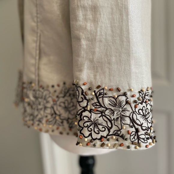 💯% Linen Silver Thread Embroidered Wood Beaded Blazer - 10 - Picture 7 of 13